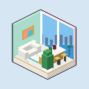 A pastel beach condo suite with a marble bar, ocean view by day